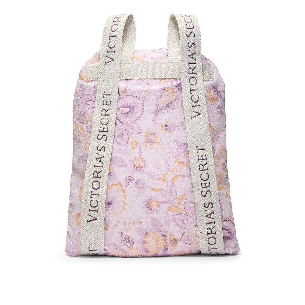 Victoria’s Secret Packable Beach Blanket Backpack Purple Floral Terry Cloth Tote - Picture 2 of 10